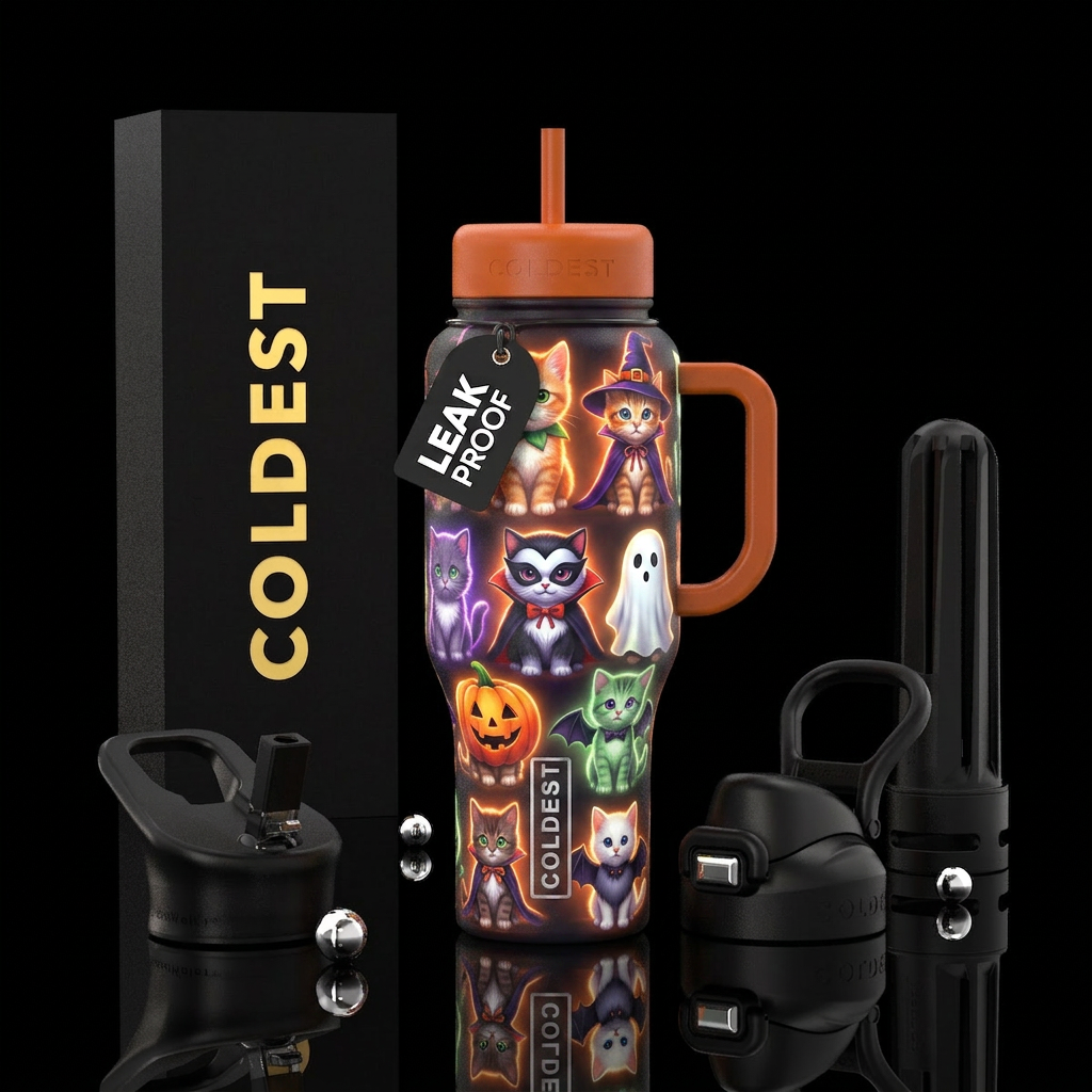 Glowy baby cats dressed up for halloween water bottle design