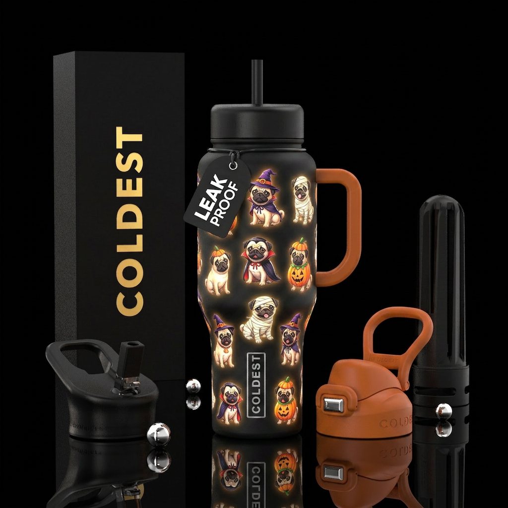Glowy baby pugs dressed up for halloween water bottle design