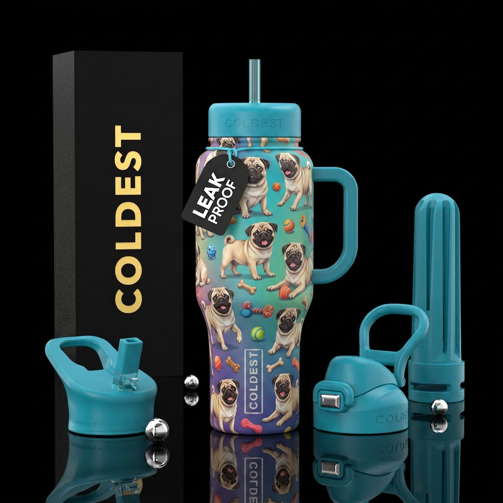 Playful pugs water bottle design