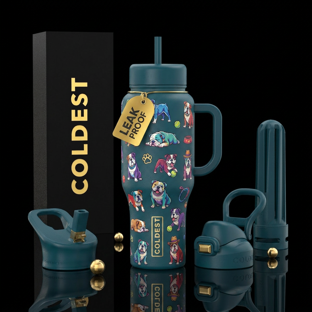 Playful bulldogs water bottle design