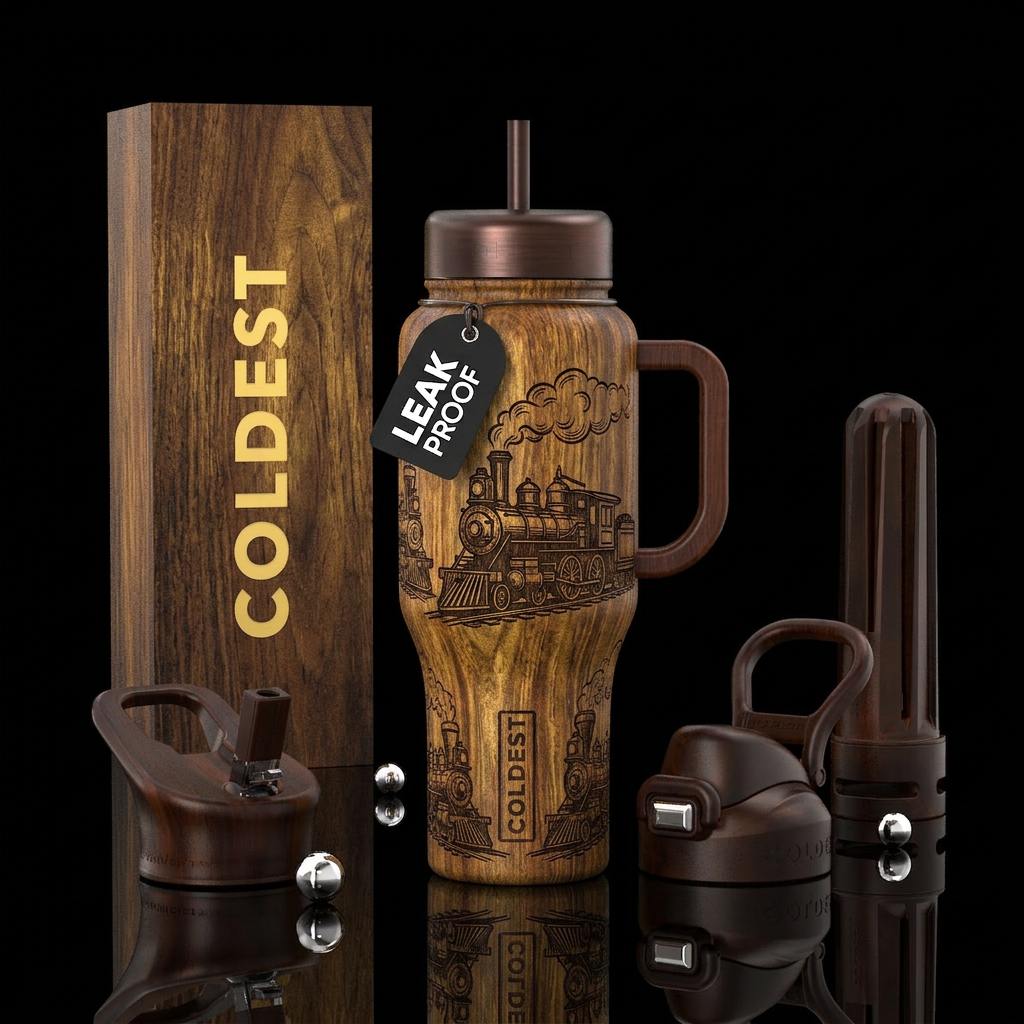 Textured  woodgrain tumbler with wood burned steam... water bottle design