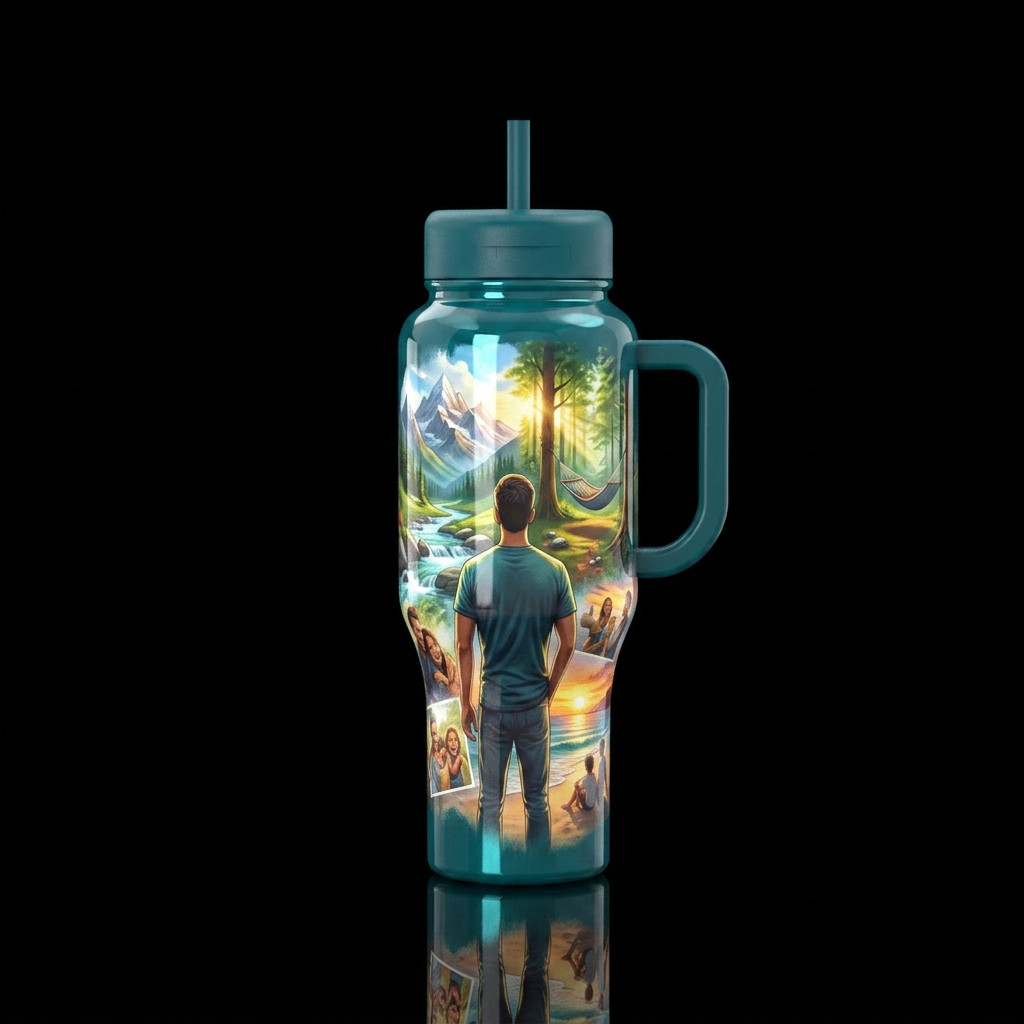Tumbler inspired by a man looking back on his life... water bottle design