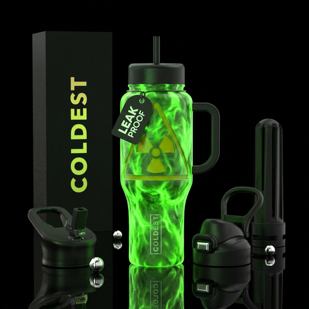Tumbler glows like radioactive ooze over a radioac... water bottle design