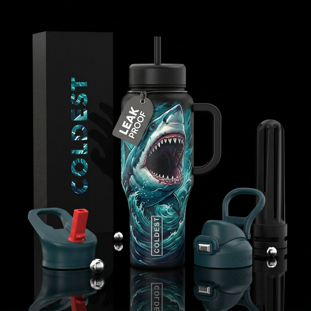 Tumbler inspired by shark horror movies water bottle design