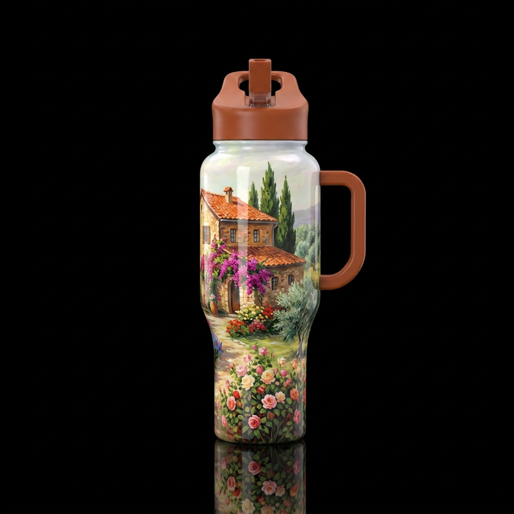 Painting of Italian Villa in the spring water bottle design