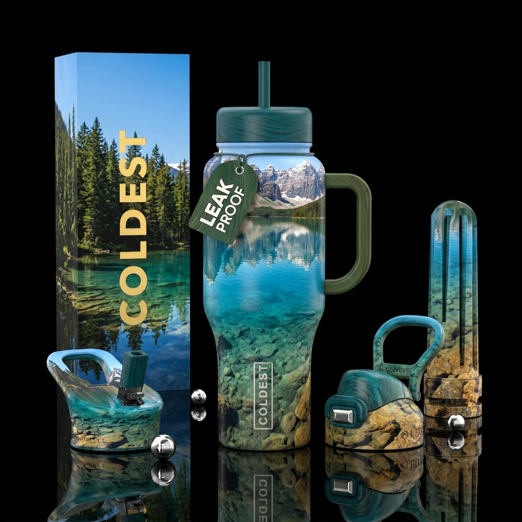 Looking down on a crystal clear lake on a summer d... water bottle design