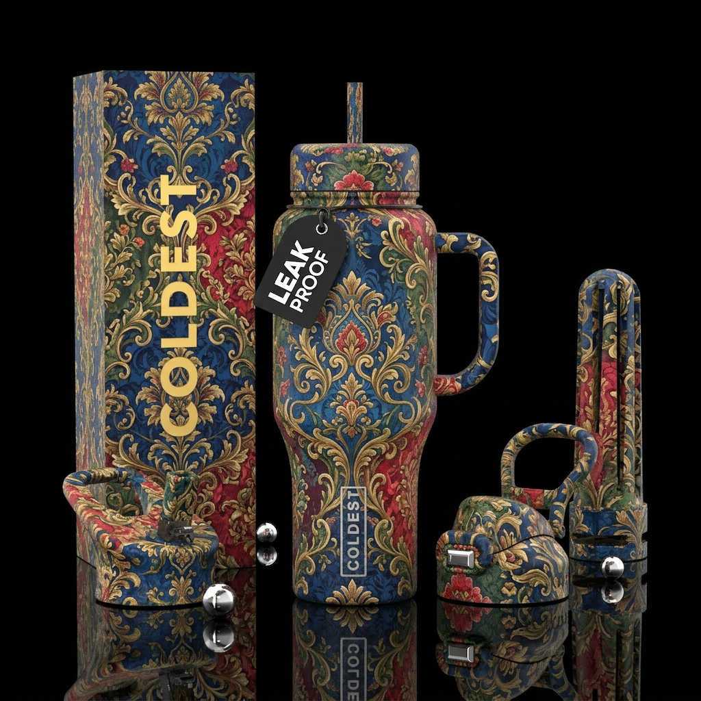 The tumbler resembles 17th century wallpaper water bottle design