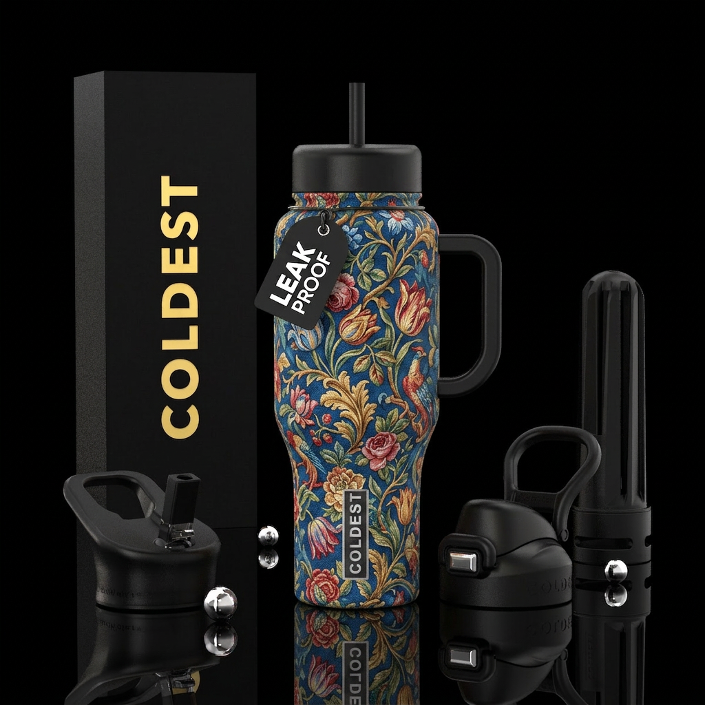 The tumbler resembles 18th century wallpaper water bottle design