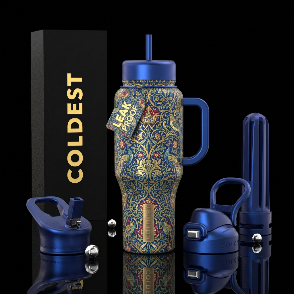 The tumbler resembles 19th century wallpaper water bottle design