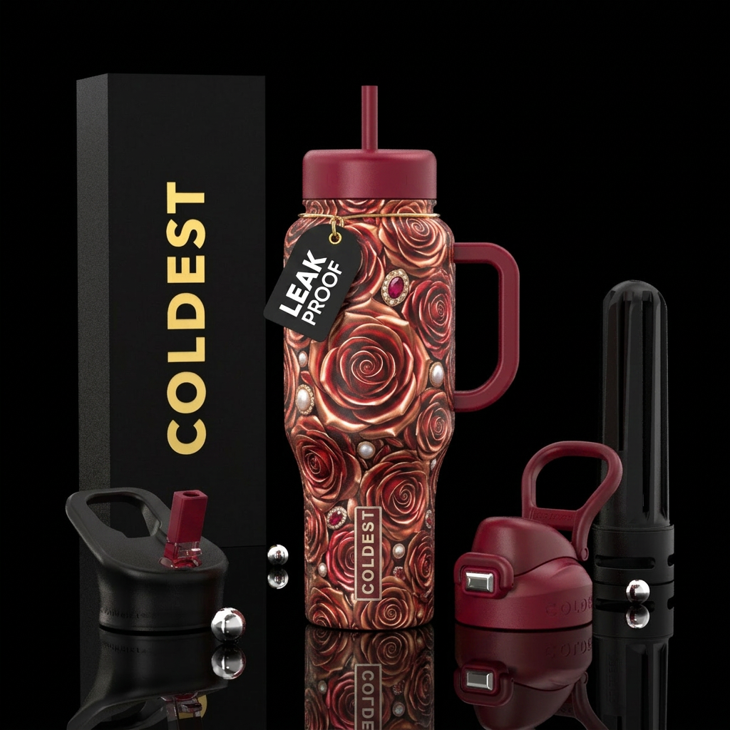The tumbler resembles metalic roses with pearl rub... water bottle design