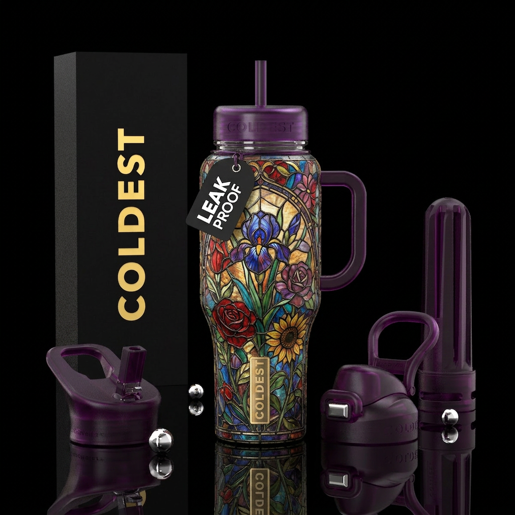 Floral stained glass water bottle design