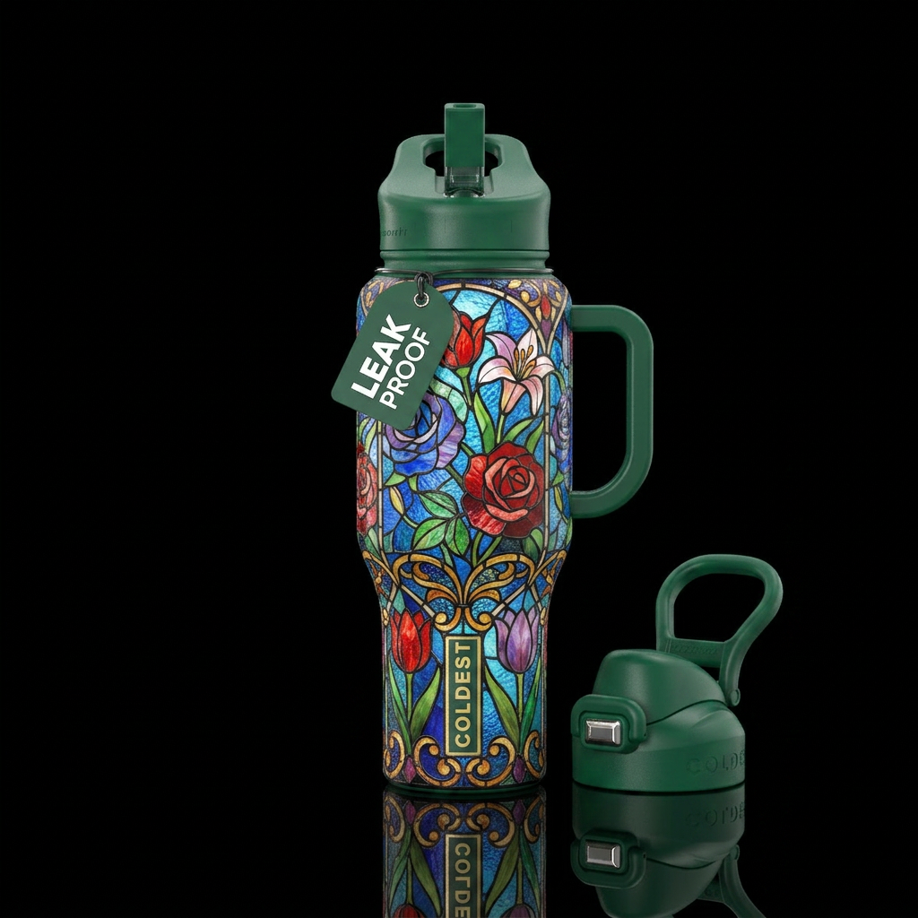 Floral stained glass water bottle design