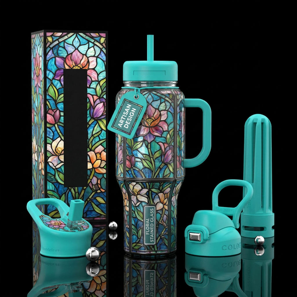 Floral stained glass water bottle design