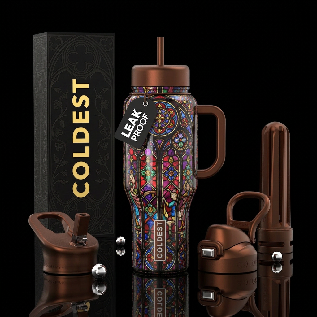 Mideaval stained glass water bottle design