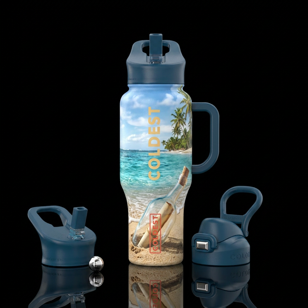 Summer on the beach featuring message in a bottle ... water bottle design