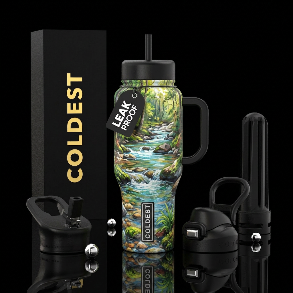 Tumbler inspired by a painting of a babbling brook water bottle design