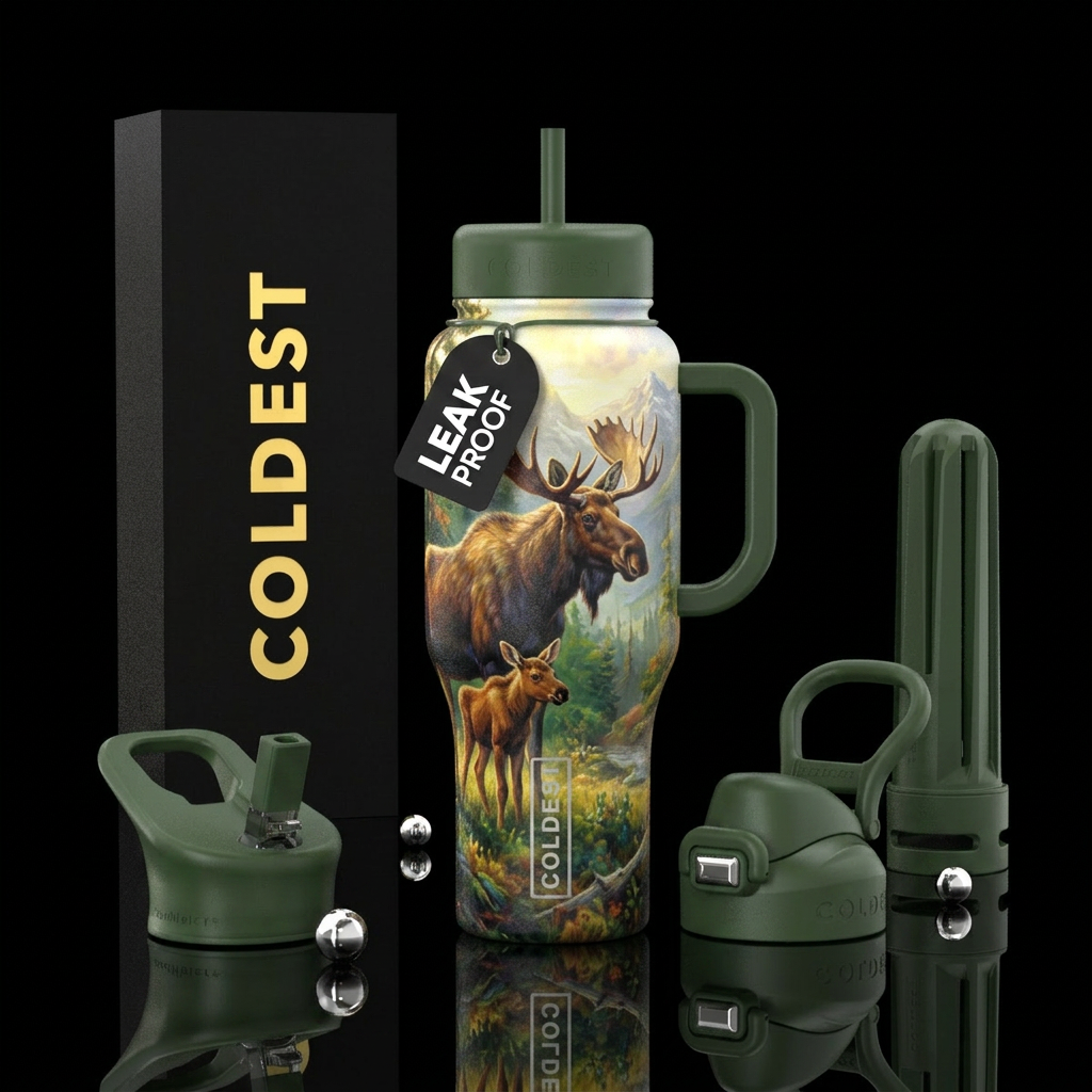 Tumbler inspired by a painting of a moose with her... water bottle design