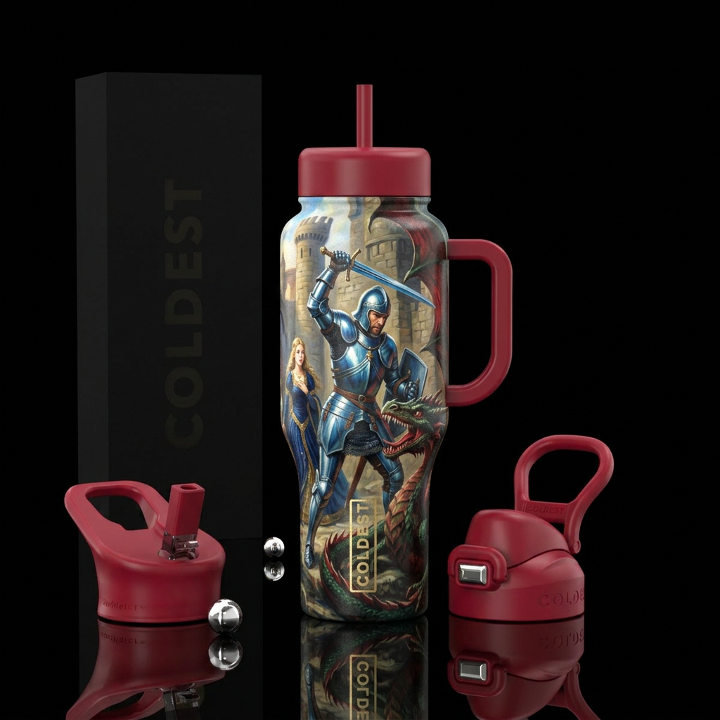 Tumbler inspired by a painting of a knight in shin... water bottle design
