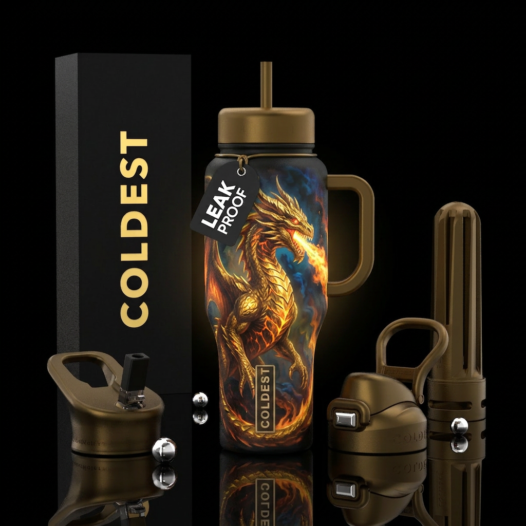 Tumbler inspired by a painting of a golden giant d... water bottle design