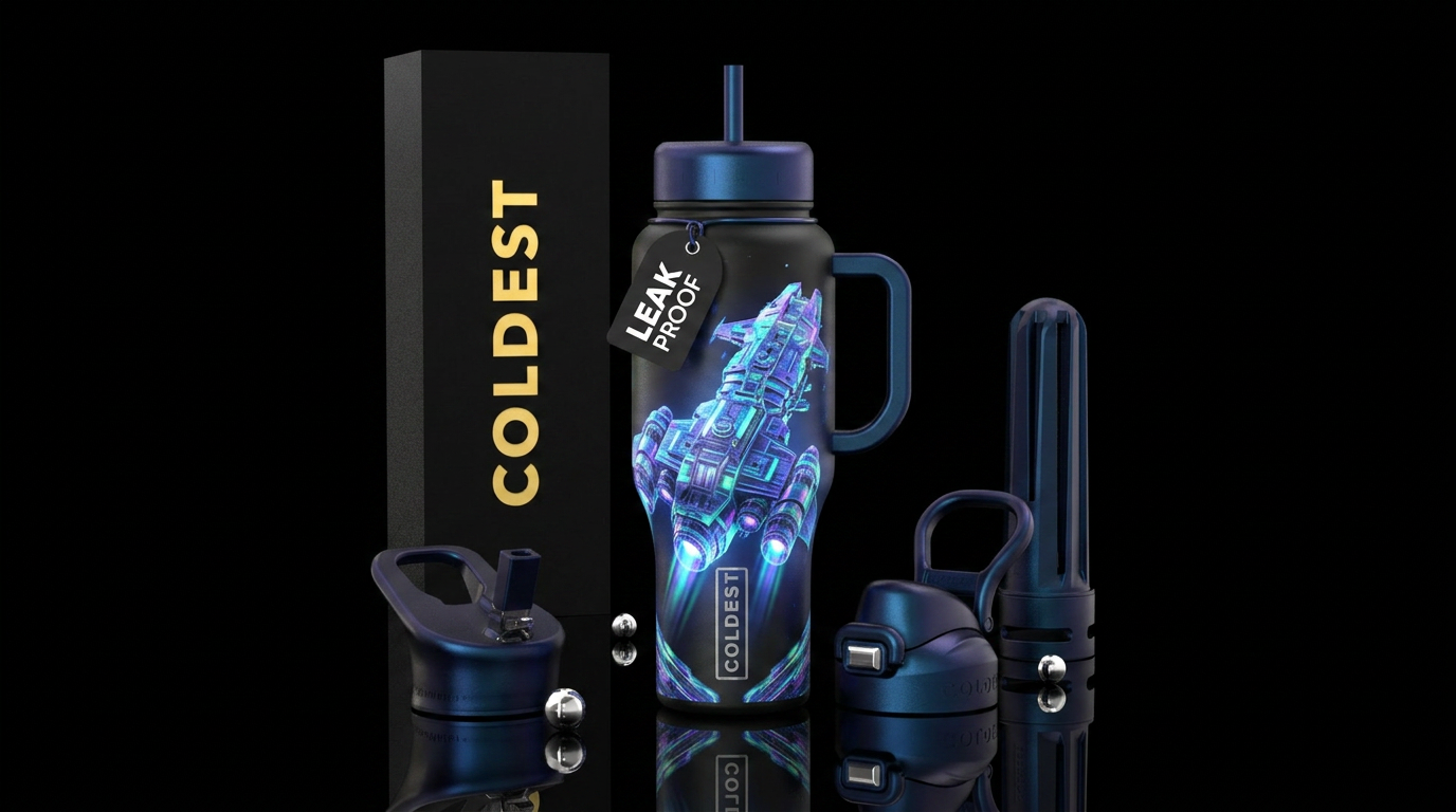 Hologram of a space ship water bottle design
