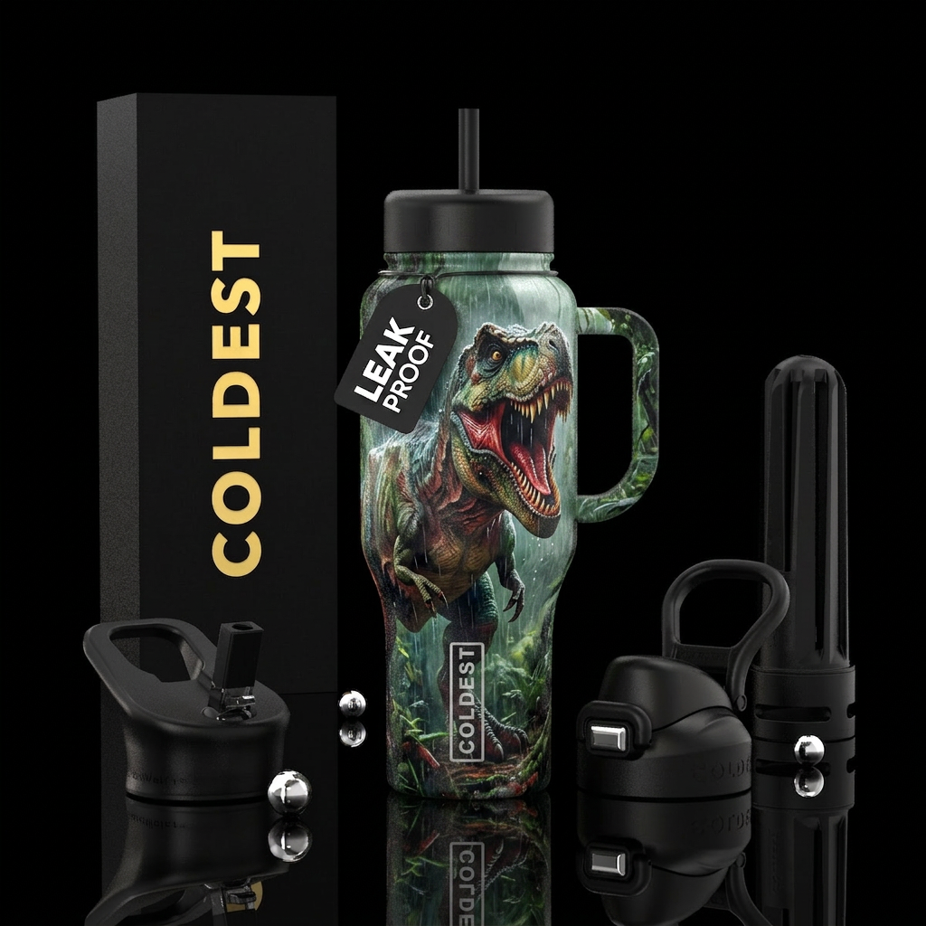 T rex bursting through jungle roaring while its ra... water bottle design