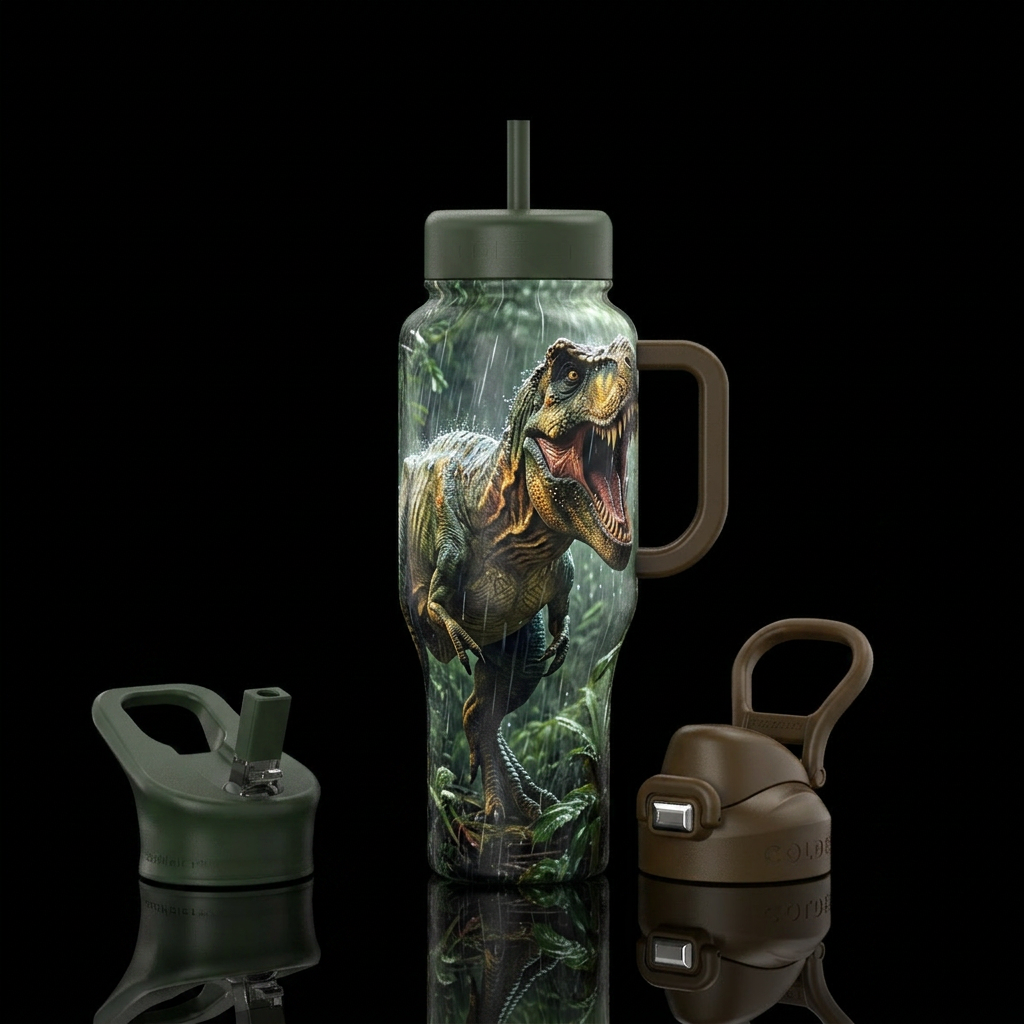 T rex bursting through jungle roaring while its ra... water bottle design