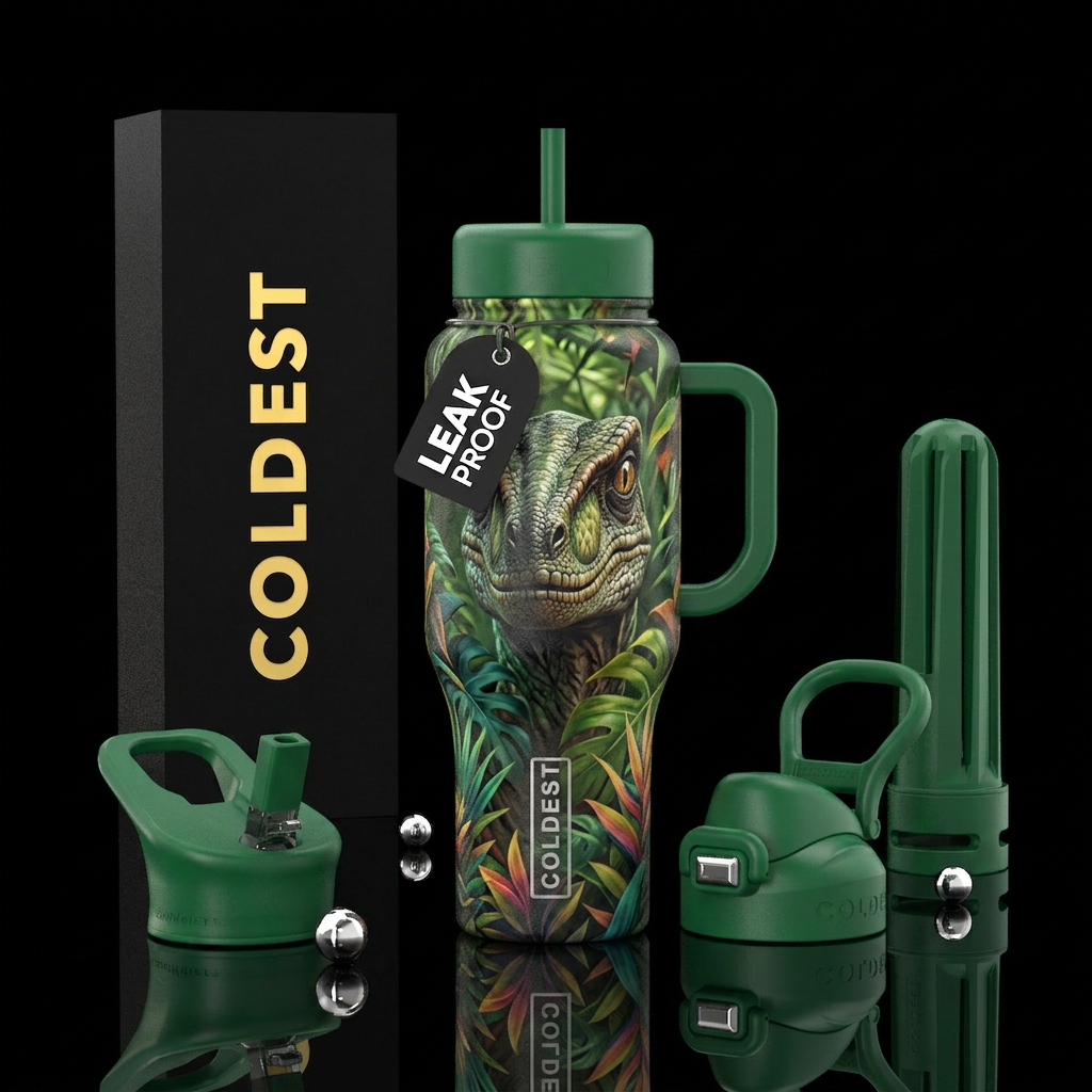 Veloceraptor face seen through jungle leaves water bottle design