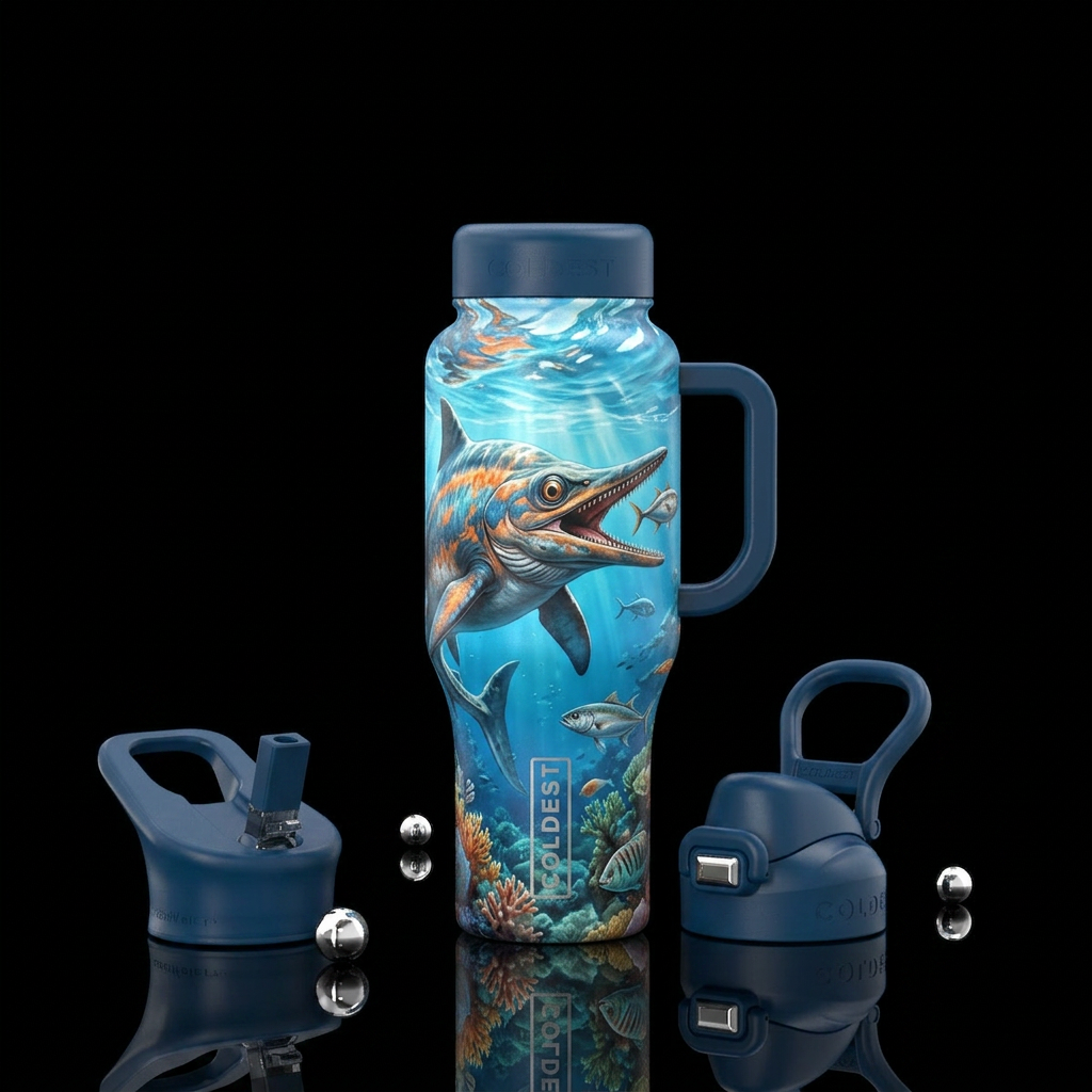 Ithiosaur hunting in the ocean water bottle design