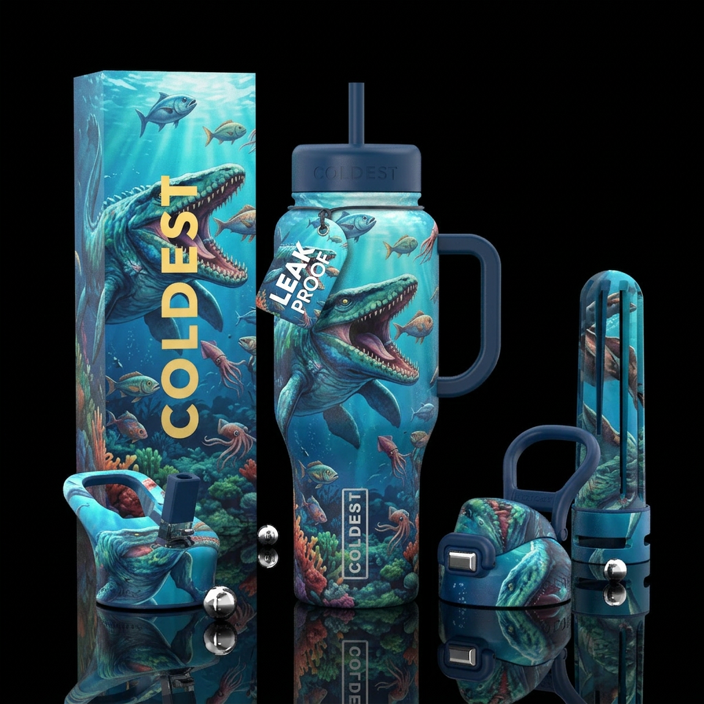 Mososaur hunting in the ocean water bottle design