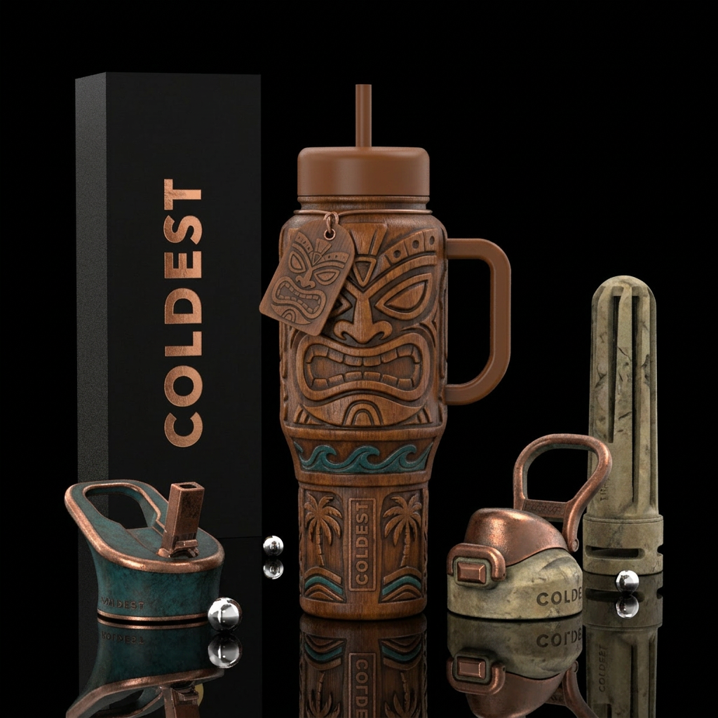 Tumbler resembles a tiki idol water bottle design