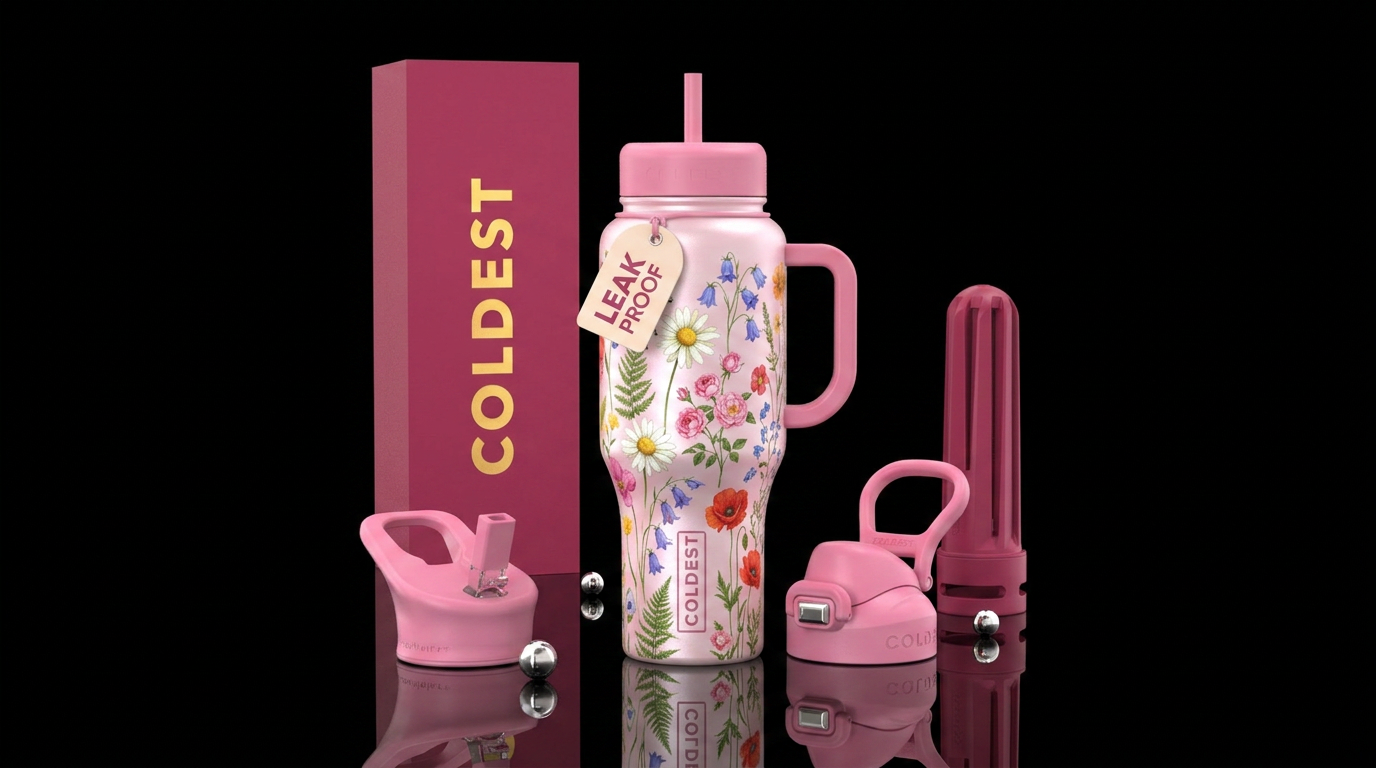 Pearl pink with wild flowers water bottle design
