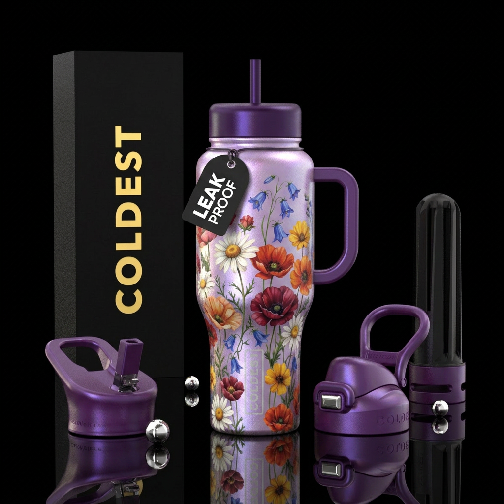 Pearl purple with wild flowers water bottle design