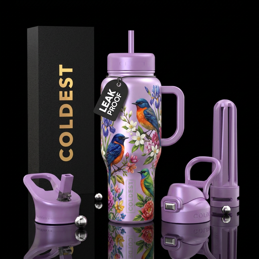 Pearl purple with song birds and flowers water bottle design