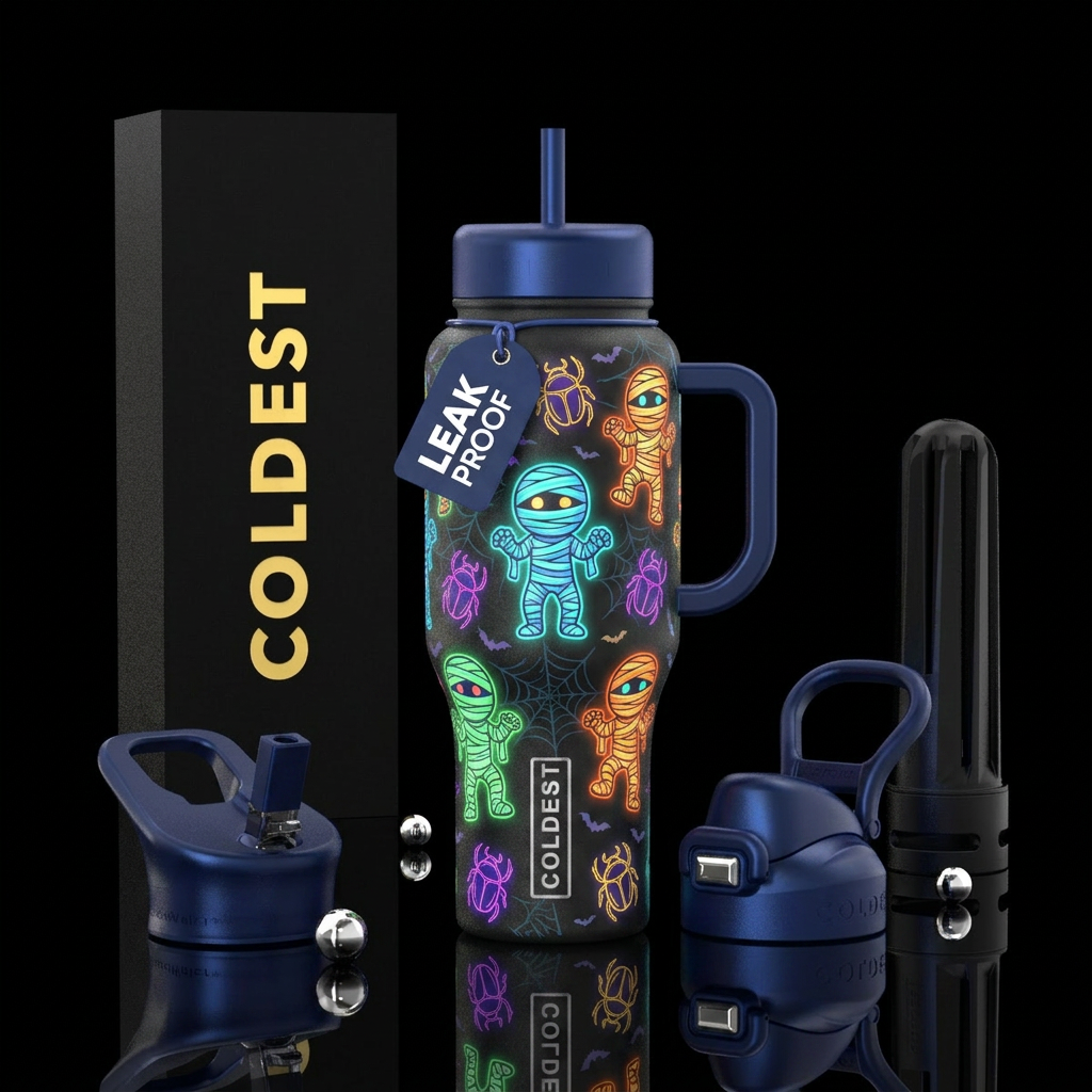 Glowy cartoon mummies and scarabs on Halloween bac... water bottle design