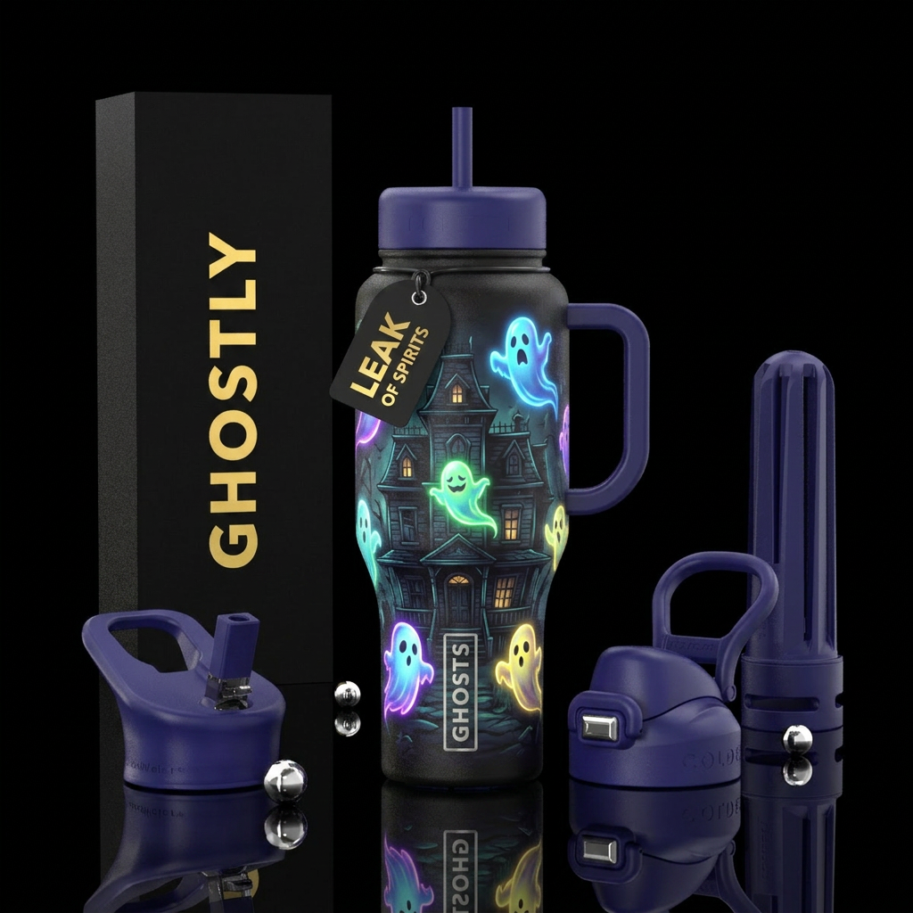 Glowy cartoon ghosts in a haunted house water bottle design