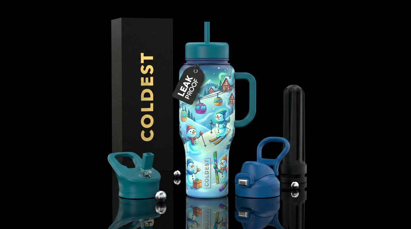 Glowy cartoon snowmen at a ski resort water bottle design