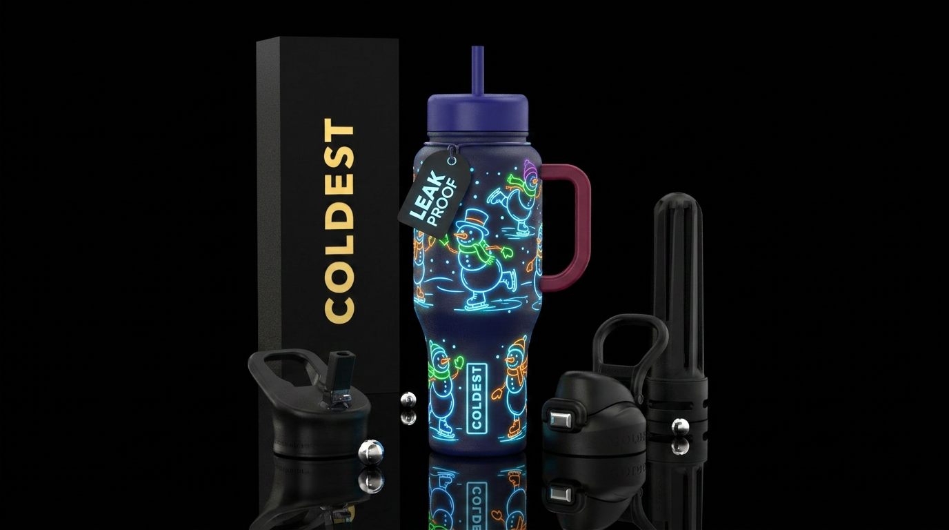Glowy cartoon snowmen ice skating water bottle design