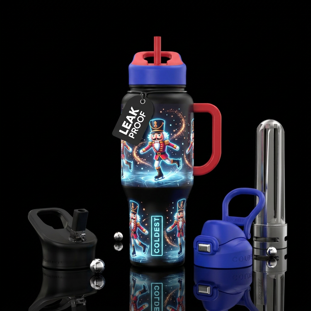 Glowy cartoon nut crackers ice skating water bottle design