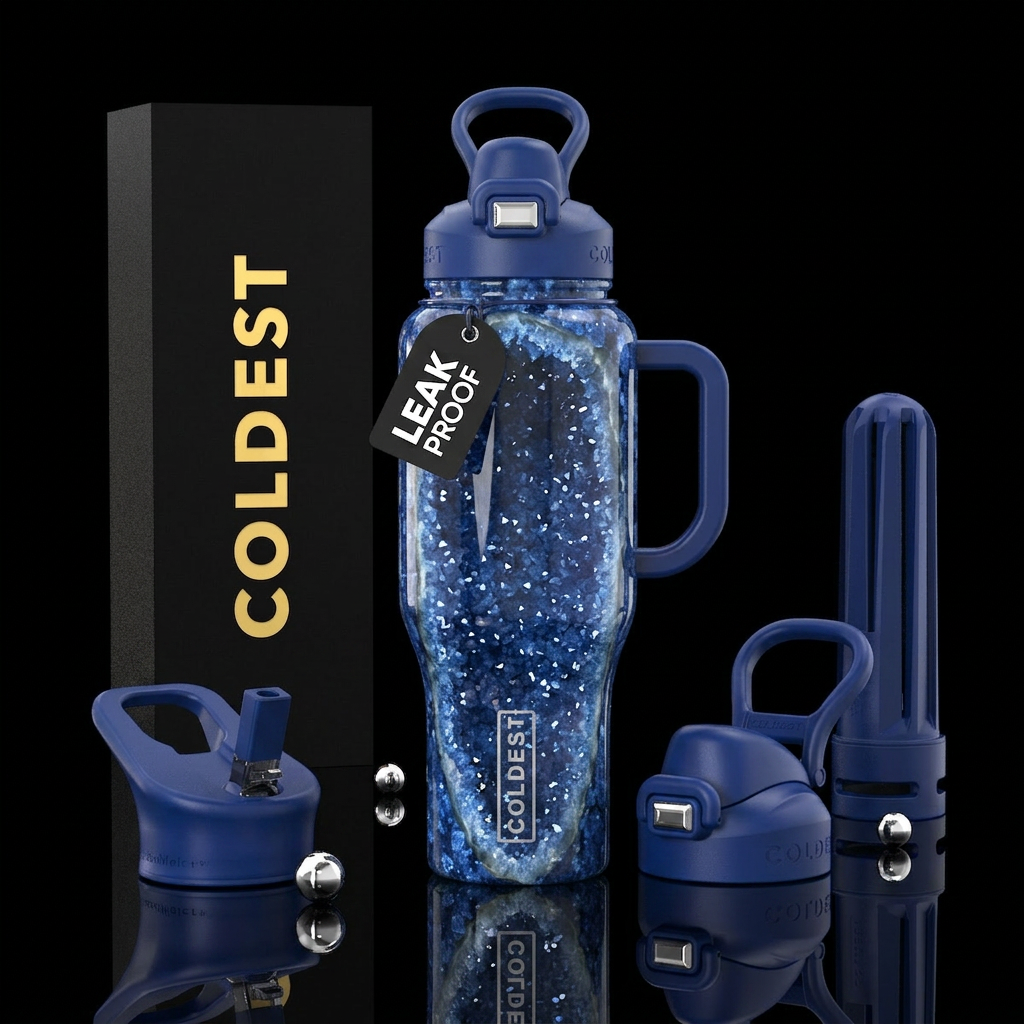 Tumbler is the inside of a geode filled with sapph... water bottle design