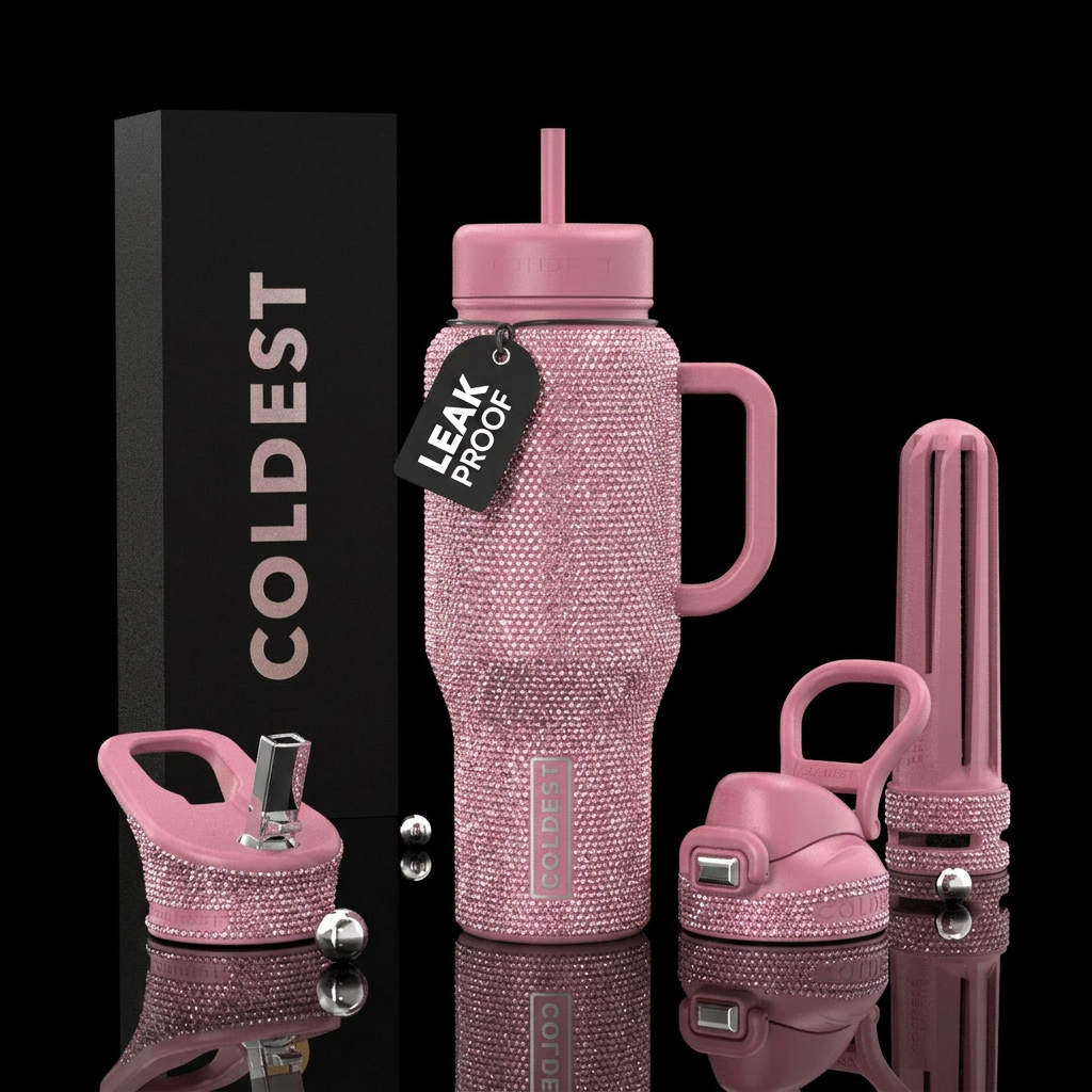 Tumbler is covered in tiny pink crystals water bottle design