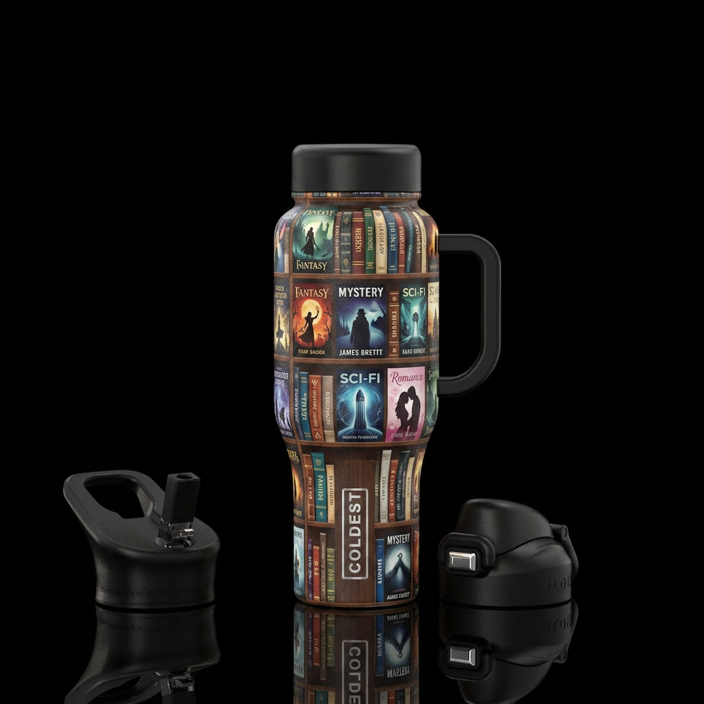 Tumbler is themed after a library. It is textured ... water bottle design