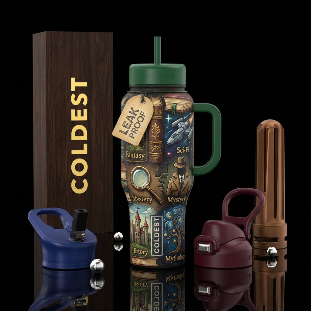 Tumbler is themed after a library. It is textured ... water bottle design