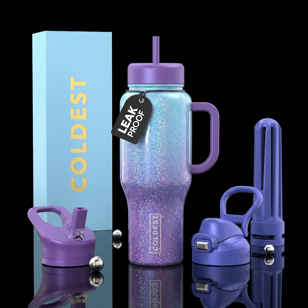 Light blue to amethyst blue with color change glit... water bottle design