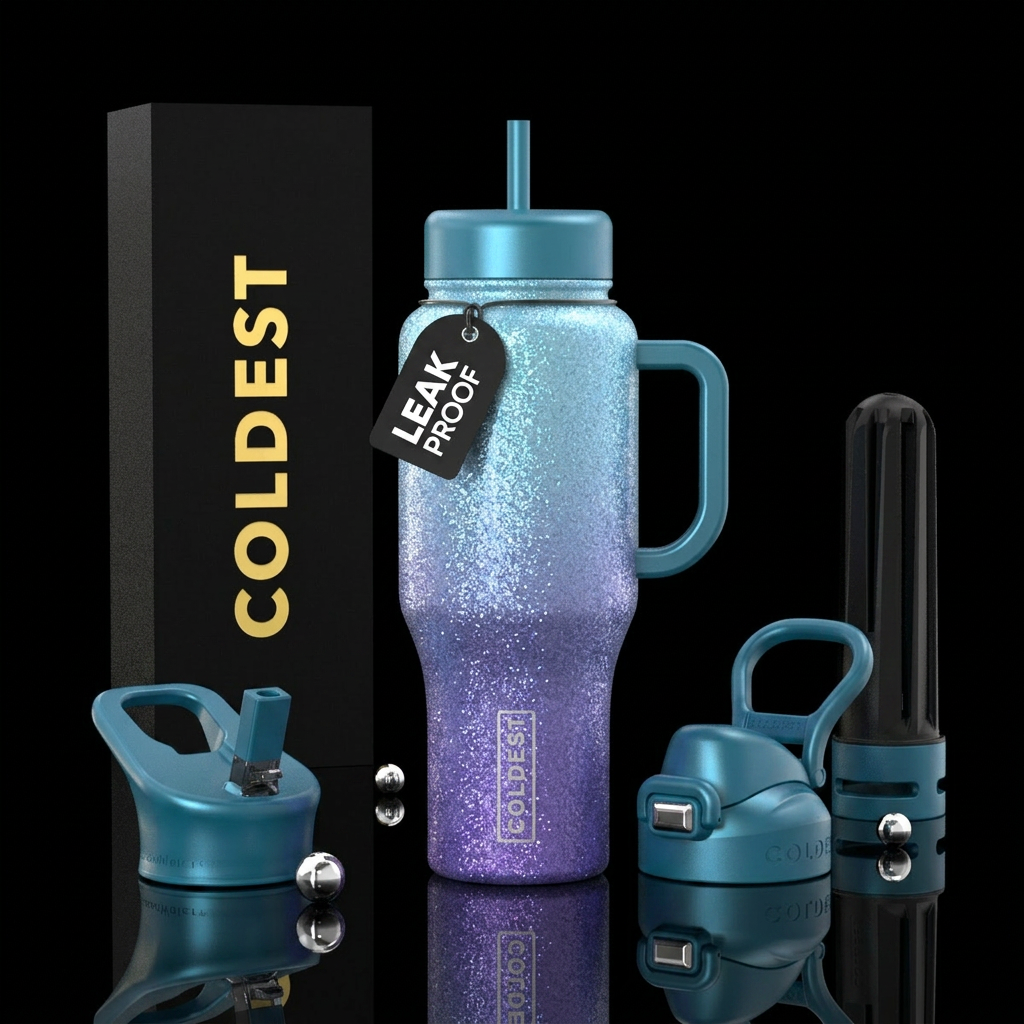 Light blue to amethyst blue with color change glit... water bottle design
