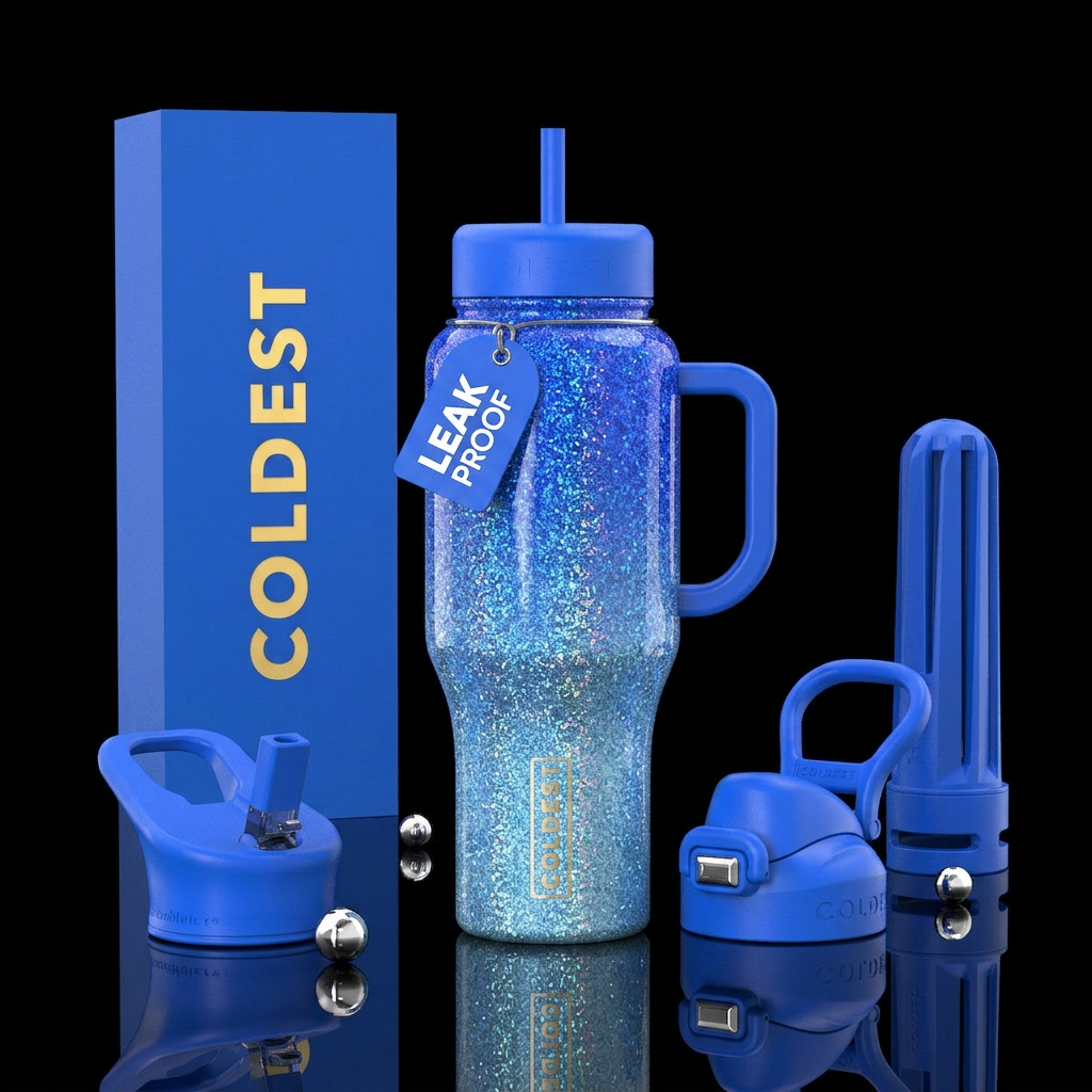 Light blue to bright blue with color change glitte... water bottle design