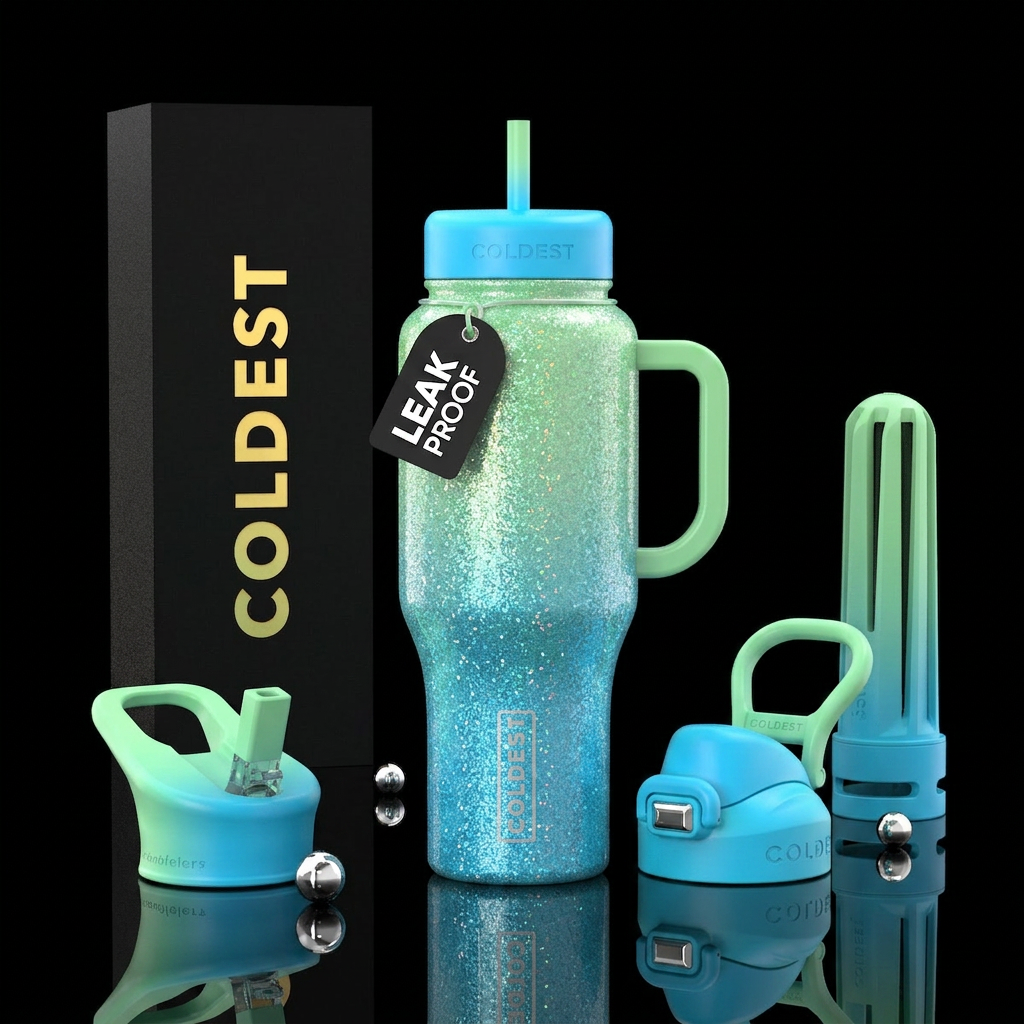 Light green to bright blue with color change glitt... water bottle design