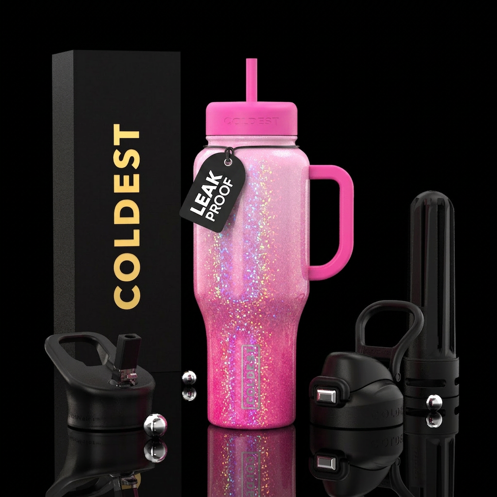 Light pink to bright pink with color change glitte... water bottle design