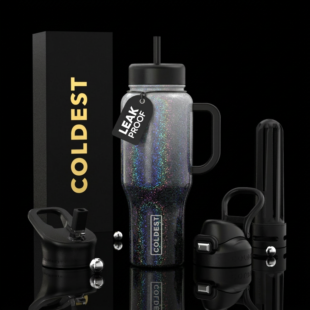 Light grey to black with color change glitter water bottle design