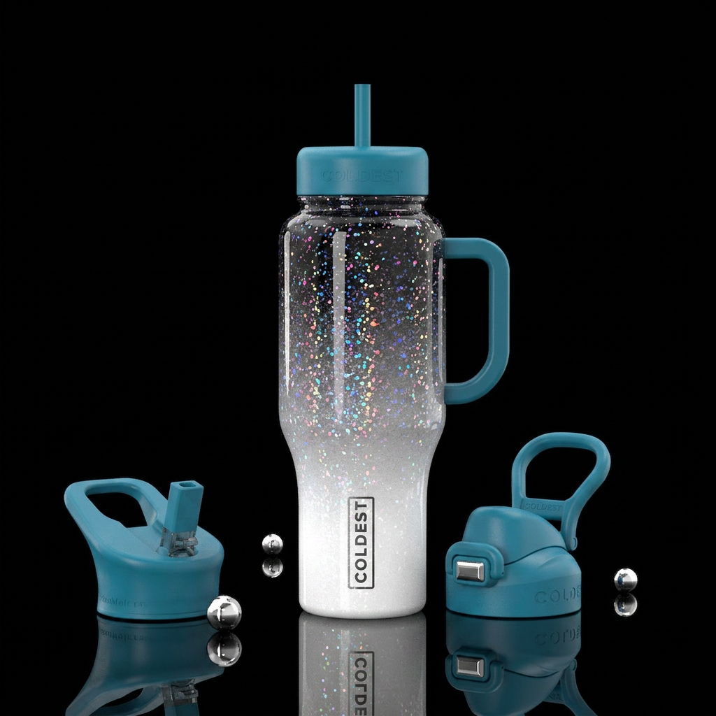 Whitw to black with color change glitter water bottle design