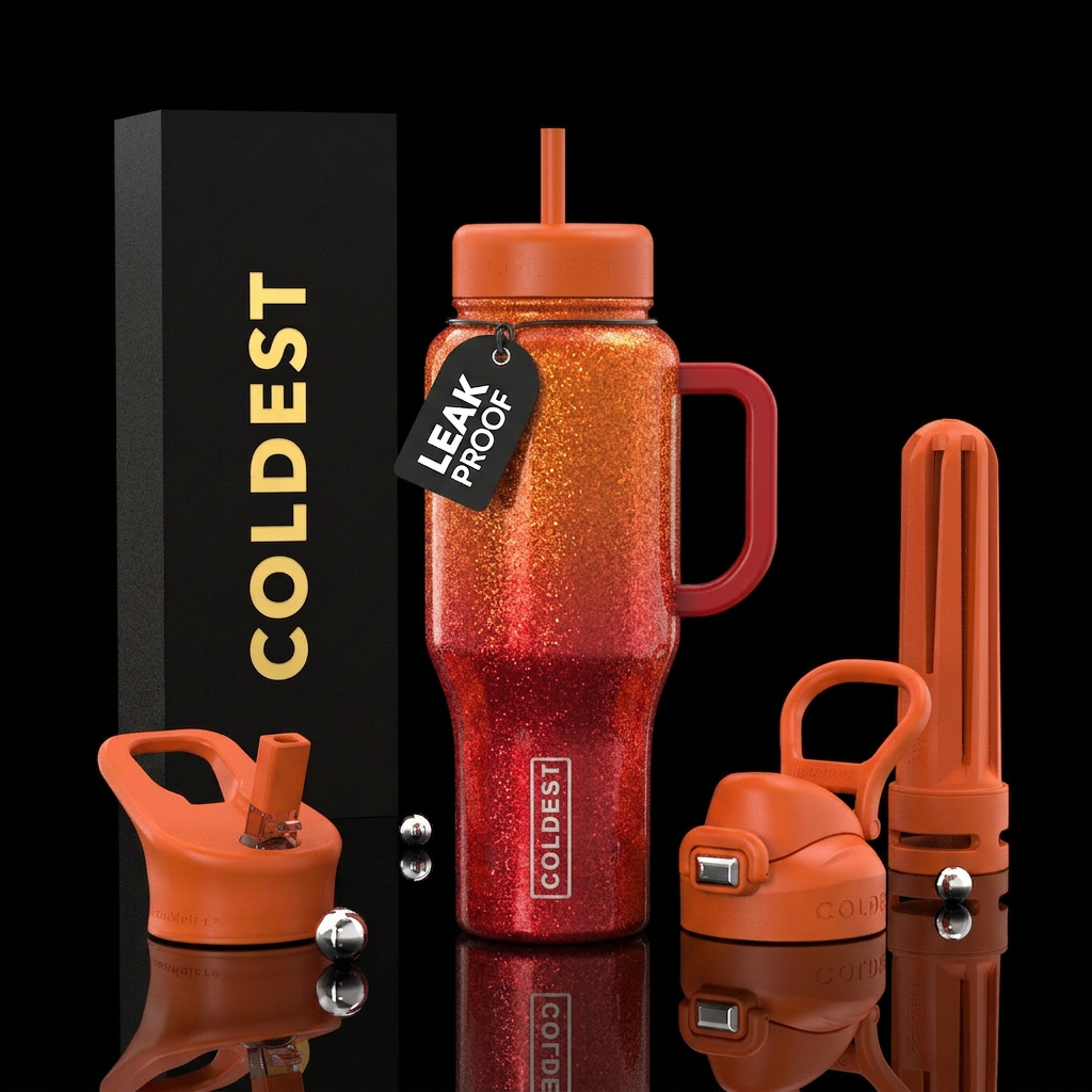 Red to orange  with color change glitter water bottle design